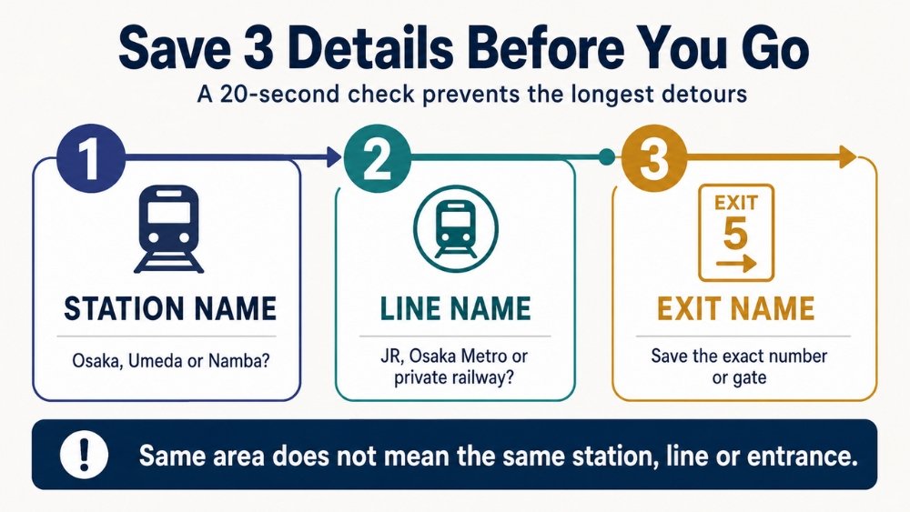 Three-step Osaka train checklist: save the station name, line name, and exit name.