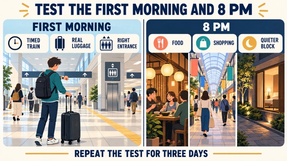Split illustration comparing a traveler's first-morning train and luggage needs with the neighborhood atmosphere they want at 8 p.m.