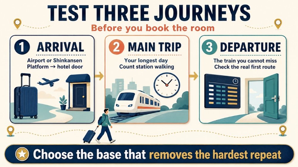 Three-card hotel planning test covering the airport or Shinkansen arrival, longest day trip and departure train that cannot be missed