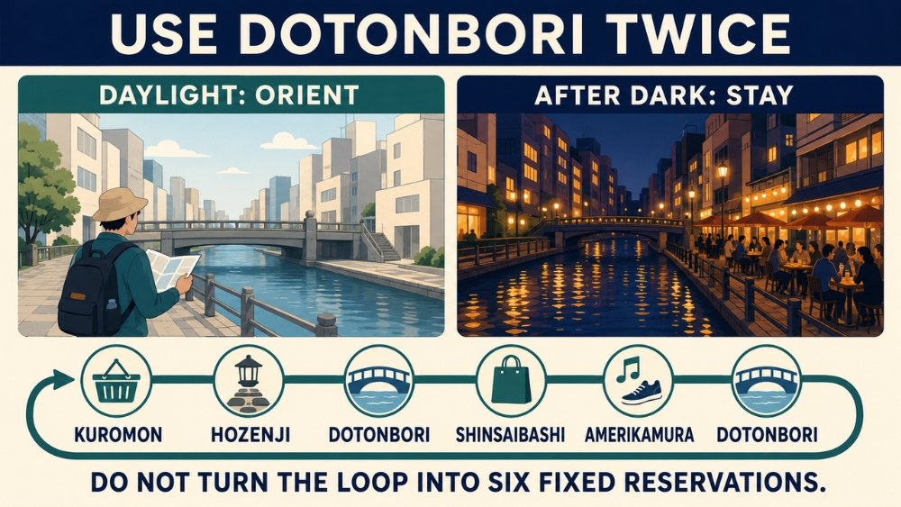 Day 1 forms a Minami loop from Kuromon and Hozenji through Dotonbori, Shinsaibashi and Amerikamura, returning to Dotonbori after dark.