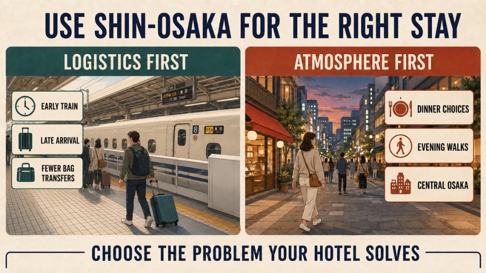 Split guide comparing a Shin-Osaka hotel for an early bullet train or late arrival with a central Osaka hotel for restaurants, shopping and evening atmosphere.