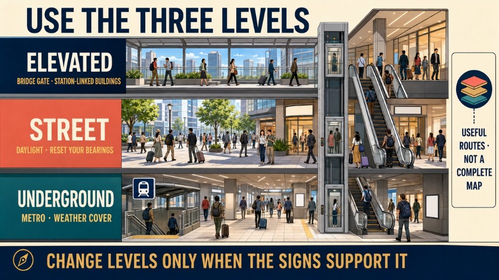 Cutaway explanation of Umeda's underground passages, street crossings and elevated pedestrian decks, with advice on when each level is useful.