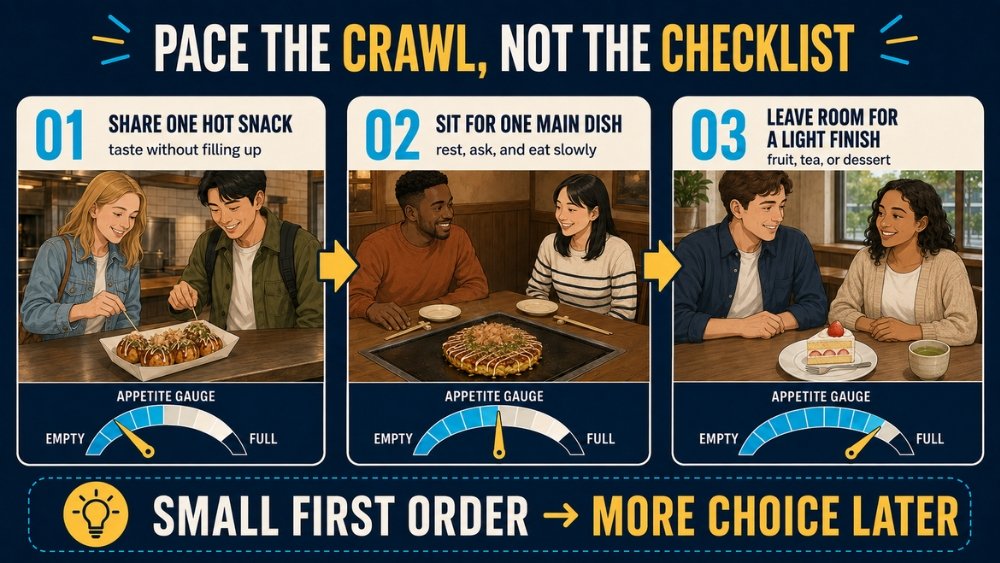 Three-step food-crawl pacing plan: share one hot snack, sit for one main dish, then leave room for fruit, tea, or dessert.