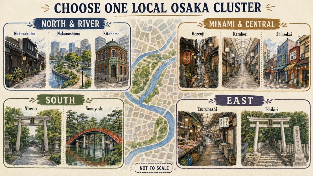 Illustrated guide grouping ten local Osaka areas into north and river, Minami and central, south, and east clusters, marked not to scale.
