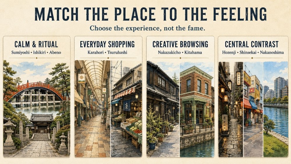 Four-panel illustration matching Osaka areas to calm and ritual, everyday shopping, creative browsing, or central contrast.