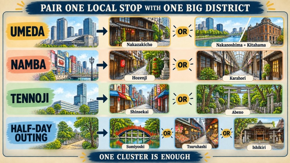 Illustrated decision guide pairing Umeda, Namba, Tennoji, or a half-day outing with one nearby local Osaka area.