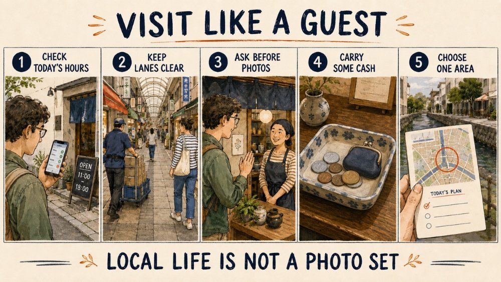 Five-step illustrated checklist to check hours, keep lanes clear, ask before photos, carry cash, and choose one area.