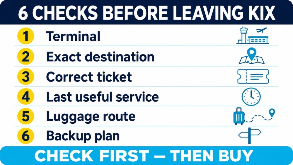 Six checks for terminal, destination, ticket, last service, luggage route, and backup plan
