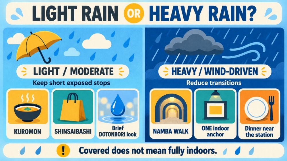 Infographic comparing a Namba rainy-day itinerary for light rain and heavy rain in Osaka.