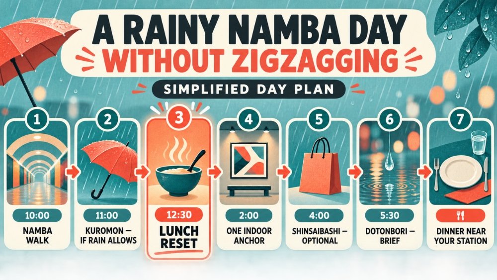 Seven-stop rainy-day itinerary for Namba, Osaka, designed to minimize outdoor travel and zigzagging.