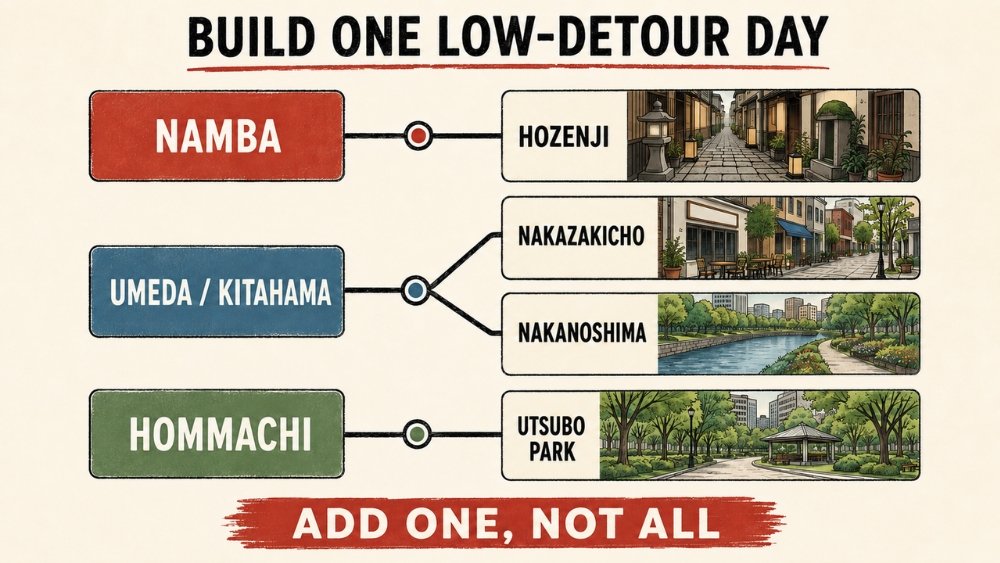 Planning schematic connecting Hozenji to Namba, Nakazakicho and Nakanoshima to Umeda or Kitahama, and Utsubo Park to Hommachi without treating the route as a scale map
