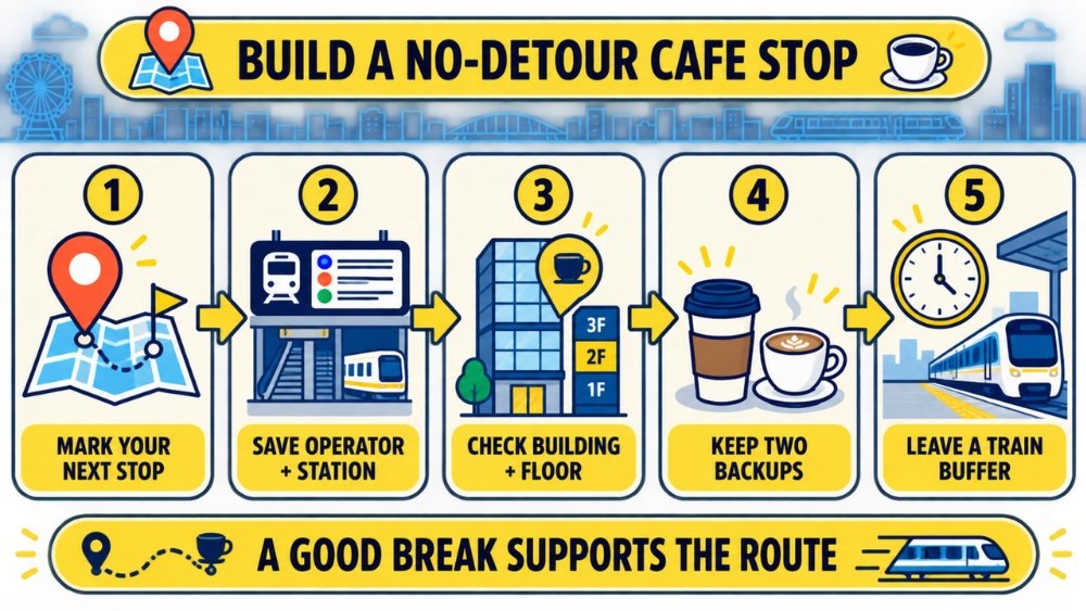 Five-step route showing how to save the next stop, station, building, backup cafes and departure buffer in Osaka