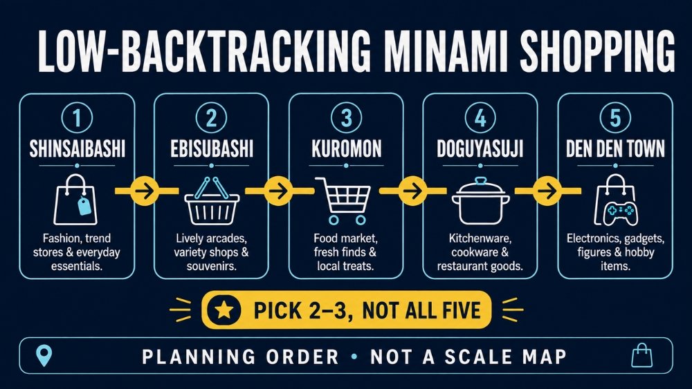 Suggested Minami sequence linking Shinsaibashi, Ebisubashi, Kuromon, Doguyasuji and Den Den Town while advising travelers to choose only two or three