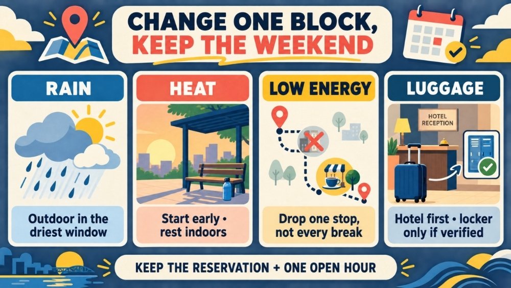 Four adjustments for rain, heat, low energy, and luggage that preserve one reservation and an open hour in the Osaka weekend plan.
