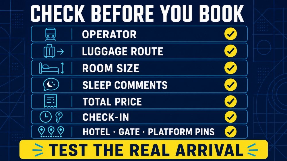 Seven checks before booking a Namba hotel: operator, luggage route, room size, sleep comments, total price, check-in, and saved pins