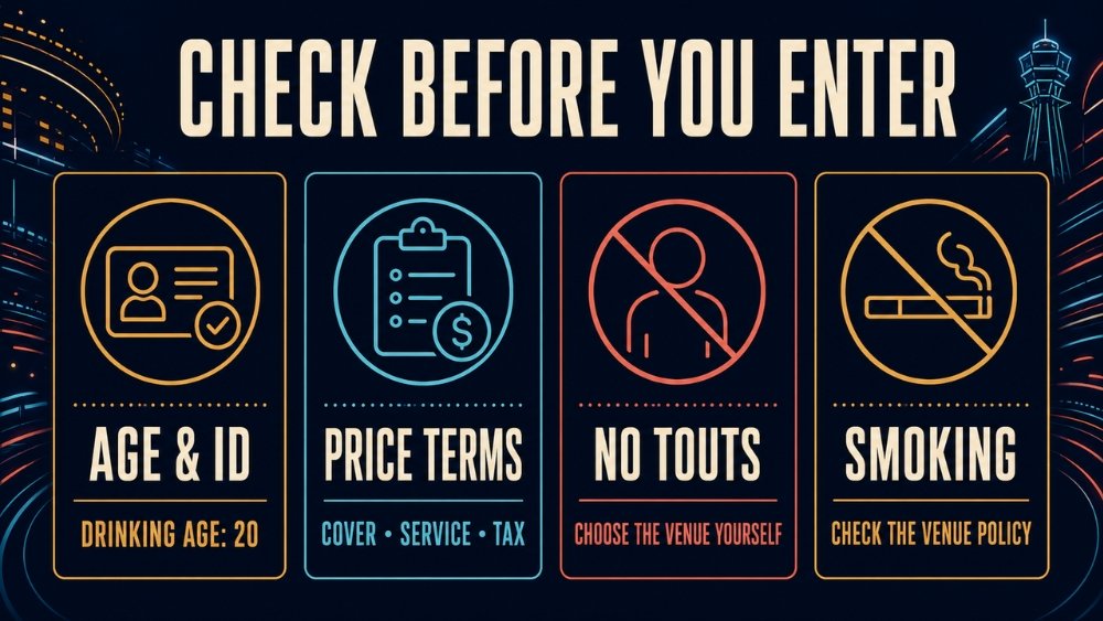 Four checks before entering an Osaka nightlife venue: age and photo ID, cover and service terms, avoiding street touts, and the venue's smoking policy.