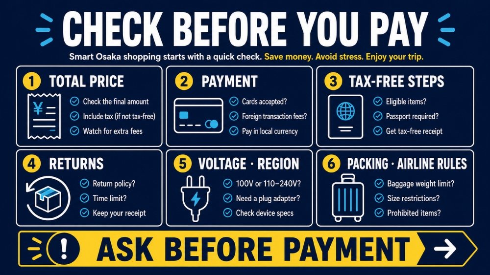 Six purchase checks covering total price, payment, tax-free steps, returns, electronics compatibility and baggage rules
