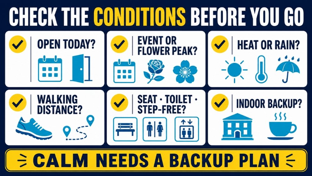 Pre-departure checklist for current hours, events, weather, walking distance, facilities and an indoor backup in Osaka