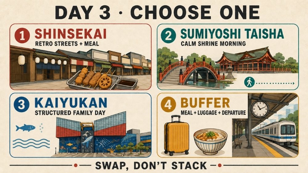 Four Day 3 choices comparing Shinsekai streets, a calm Sumiyoshi Taisha morning, a structured Kaiyukan family day, and a departure buffer