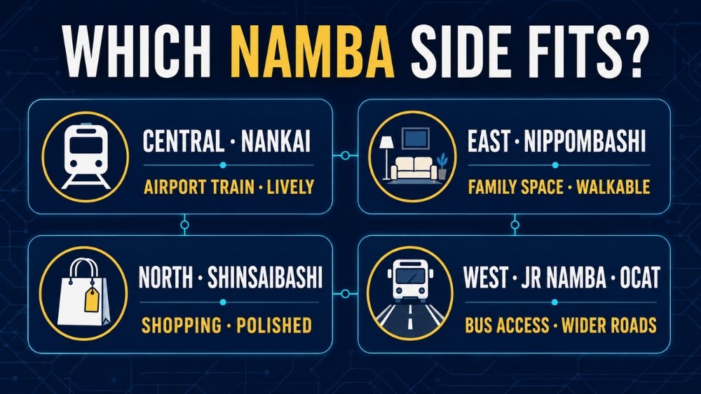 Four Namba hotel areas compared by airport-train access, family space, shopping atmosphere and OCAT bus convenience