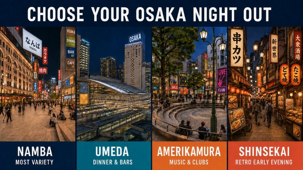 Four illustrated Osaka nightlife scenes: a sign-filled Namba station-front plaza, modern Umeda station architecture, Amerikamura with vintage and music signs, and a close-up Shinsekai restaurant street, each labeled by best fit.