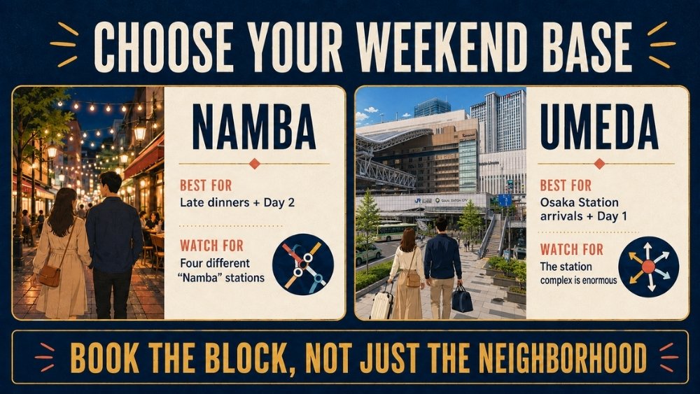 Side-by-side comparison of Namba and Umeda as bases for a two-day Osaka couple itinerary, including each area's best use and station trade-off.