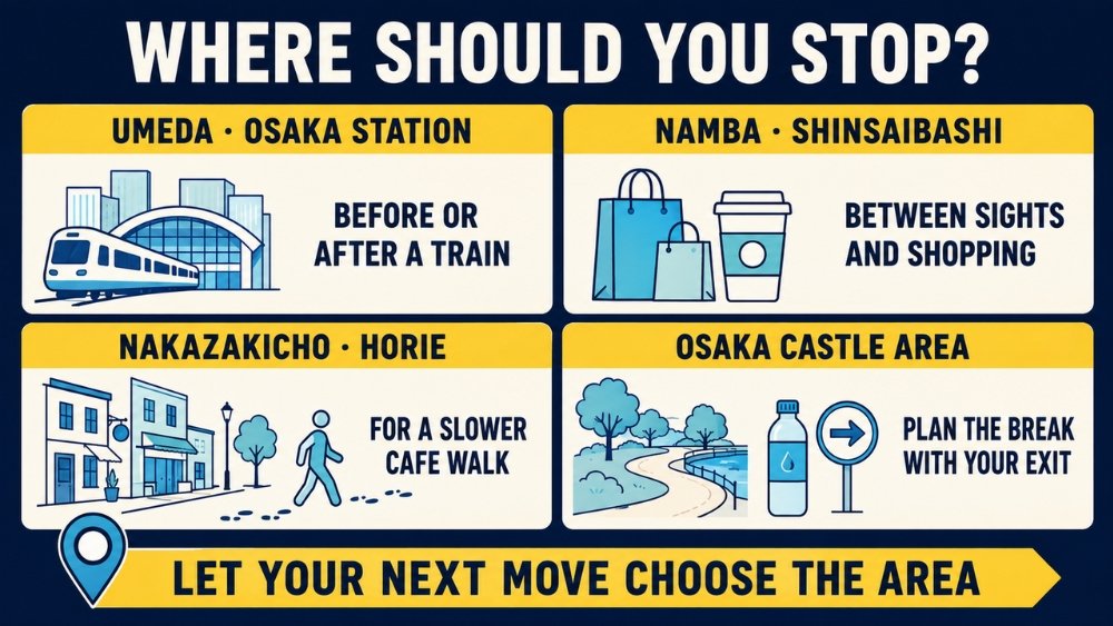 Four-part guide matching Umeda, Namba, Nakazakicho or Horie, and the Osaka Castle area with different cafe-break needs