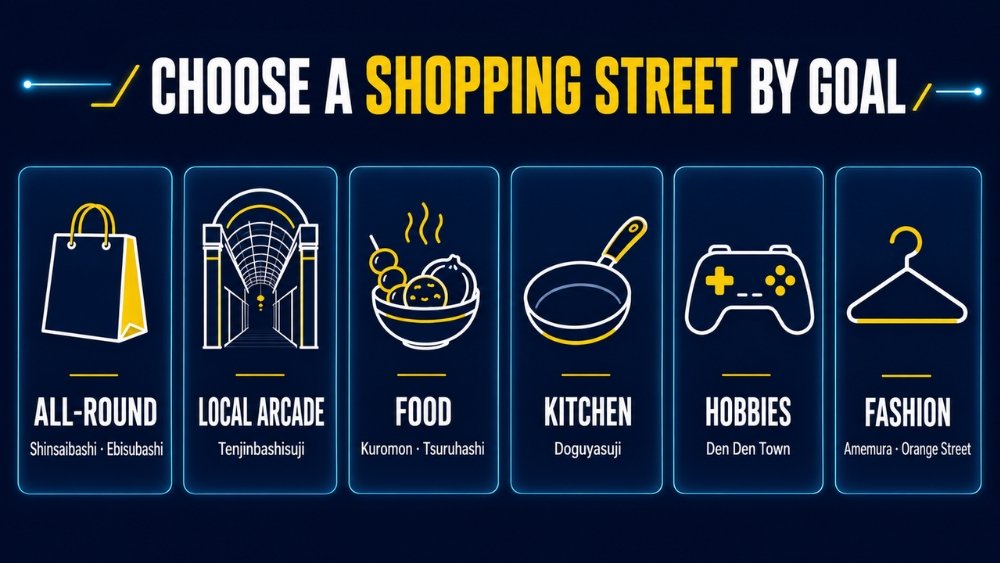 Six shopping goals matched with Osaka areas for all-round shopping, local arcades, food, kitchenware, hobbies and fashion