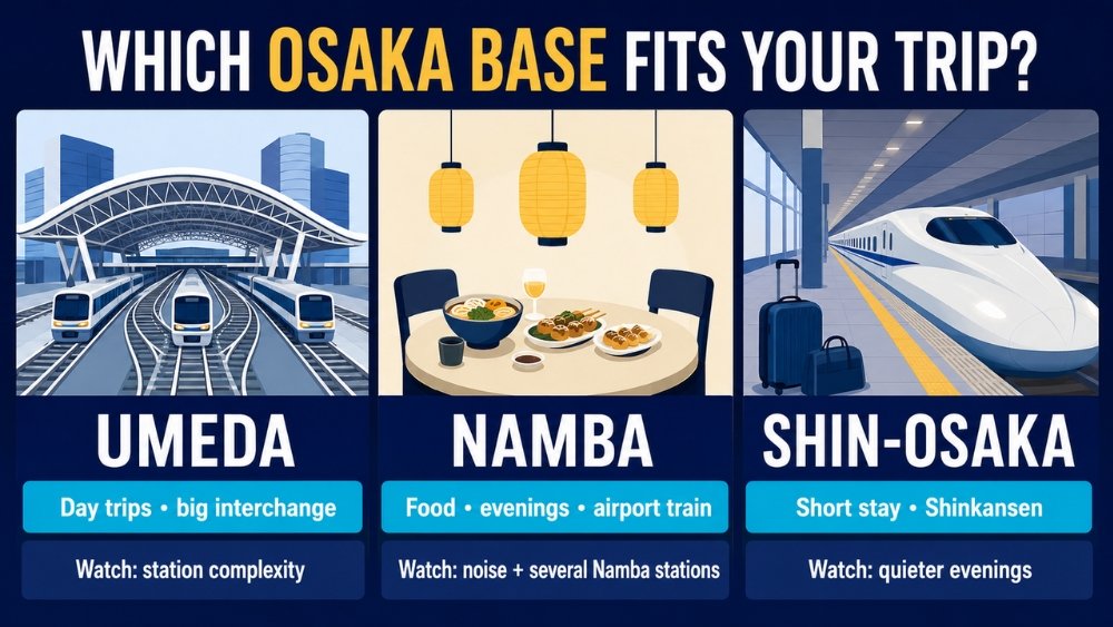 Comparison of Umeda, Namba, and Shin-Osaka as hotel bases, including each area's main advantage and trade-off.