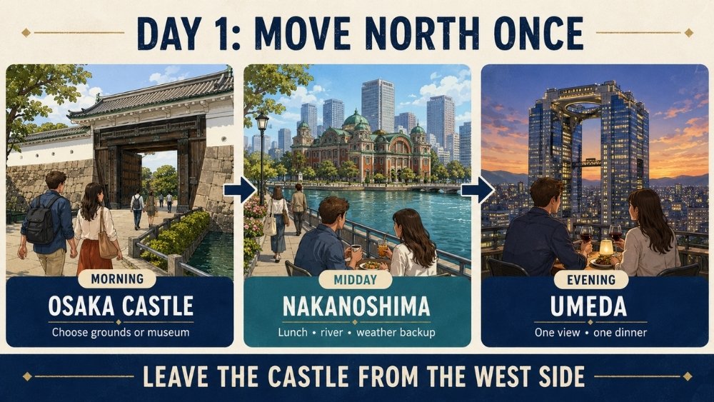 Three-stage Day 1 route from Osaka Castle and Nakanoshima to an Umeda view and dinner, with a reminder to leave the castle from the west side.