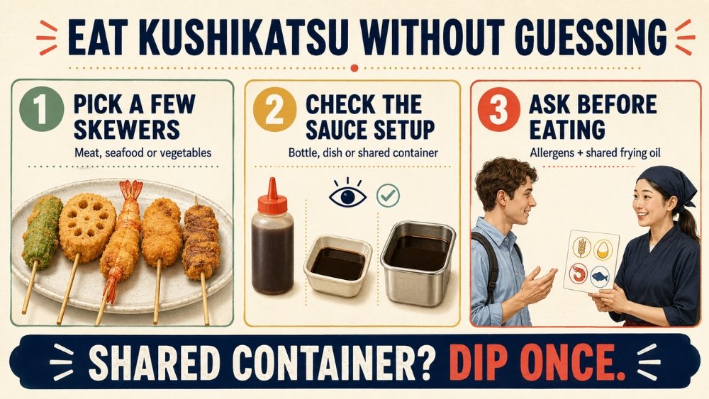 Three-step kushikatsu guide showing skewers, shop-specific sauce setups and the need to ask about allergens and shared frying oil