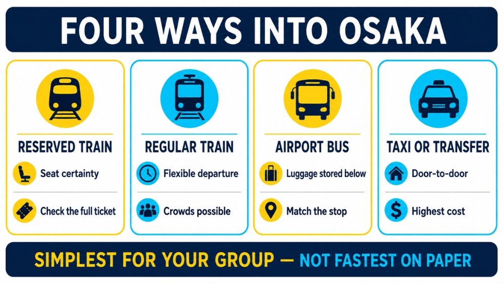 Four airport transport types compared by seating, flexibility, luggage, stop location, and cost