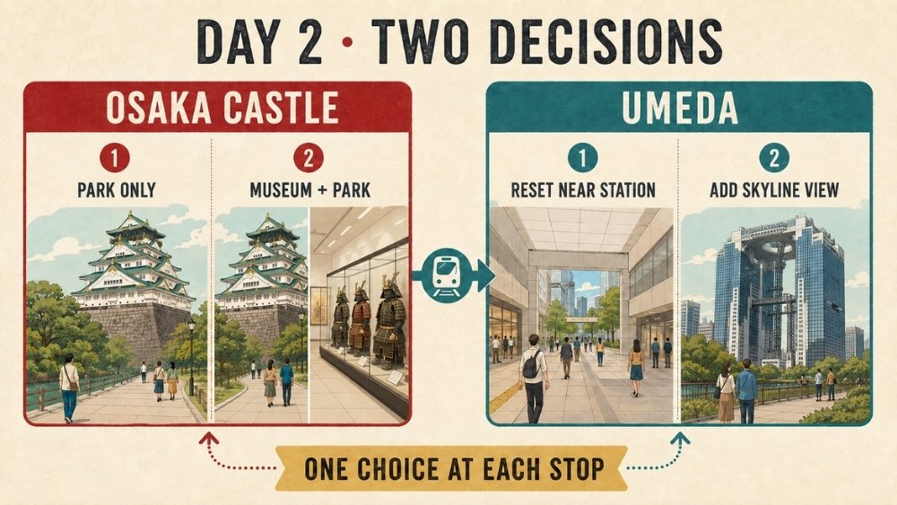 Two-part Day 2 decision guide comparing Osaka Castle park-only or museum-plus-park with an Umeda station reset or optional skyline view