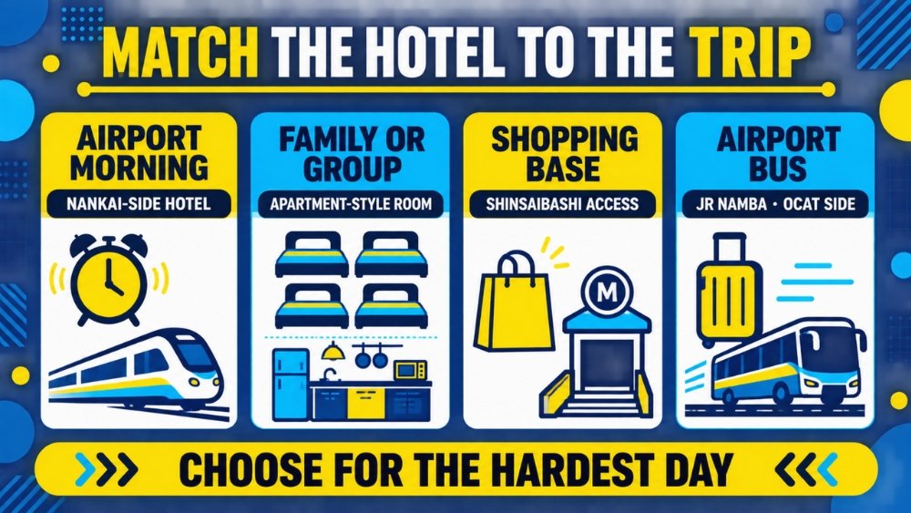 Four hotel-location choices matched to an airport morning, family or group stay, shopping base, and airport-bus trip