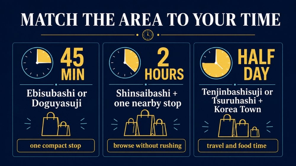 Osaka shopping options grouped into a 45-minute stop, a two-hour visit and a half-day outing