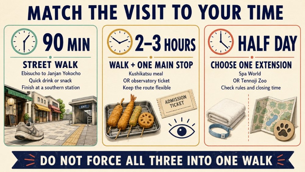Three time-budget cards comparing a 90-minute street walk, a two-to-three-hour main stop and a half-day with one extension