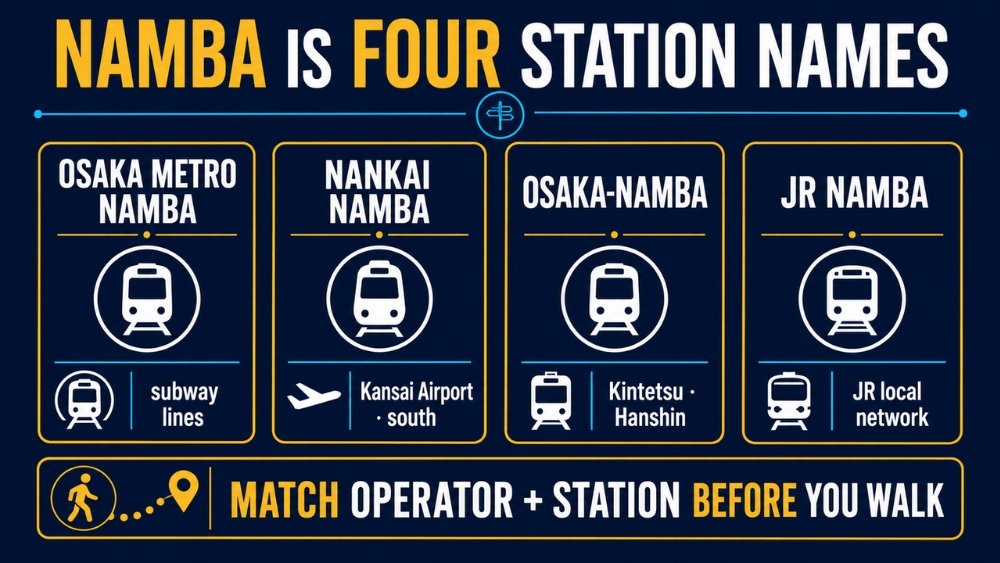 Four-column guide distinguishing Osaka Metro Namba, Nankai Namba, Osaka-Namba and JR Namba by railway operator