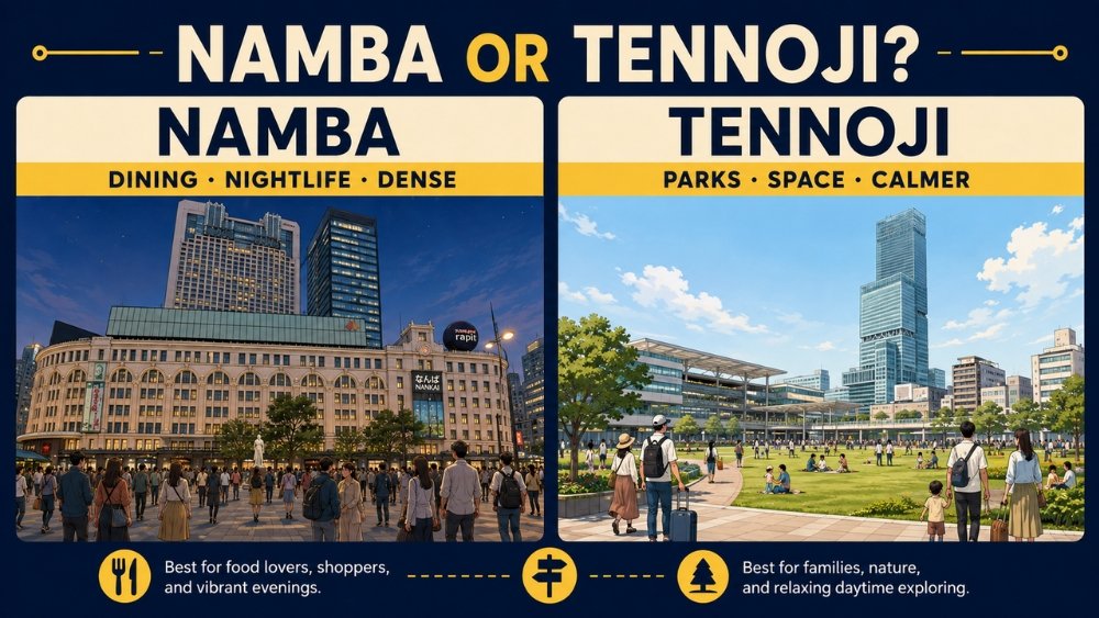 Split comparison of busy Namba dining streets and the open park-side setting around Tennoji in Osaka