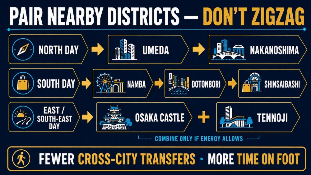 Three itinerary lanes grouping Umeda with Nakanoshima, Namba with Dotonbori and Shinsaibashi, and Osaka Castle with optional Tennoji
