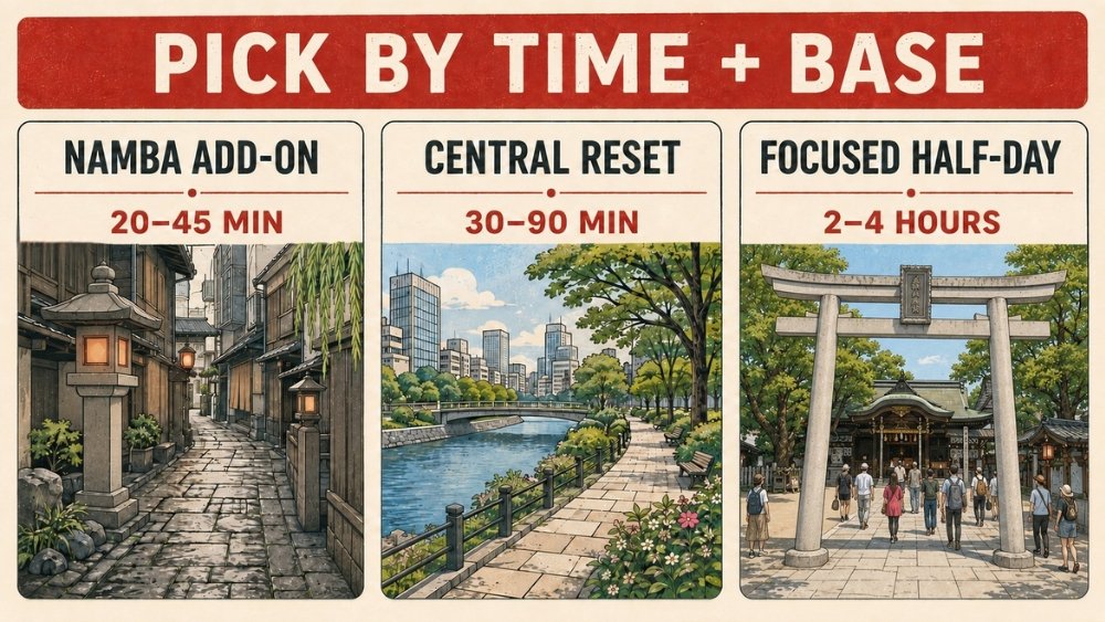 Three-way Osaka hidden-spots guide matching a short Namba add-on, a central city reset and a focused half-day to realistic time budgets