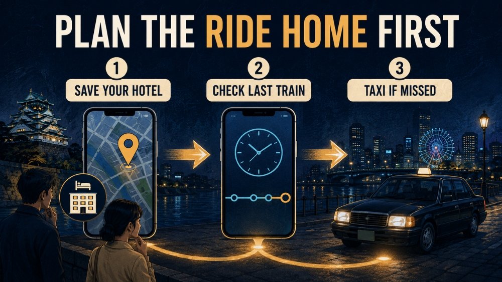 Three-step illustrated plan for an Osaka night out: save the hotel address, check the last train for the correct route, and use a licensed taxi if the train is missed.