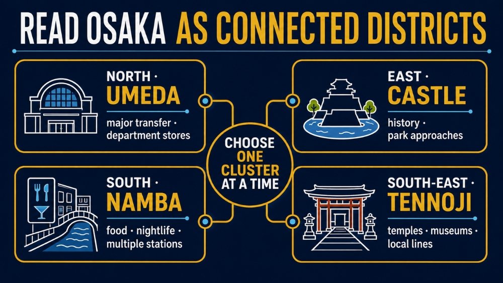 Four connected cards introducing Umeda, Namba, Osaka Castle and Tennoji as separate Osaka sightseeing clusters