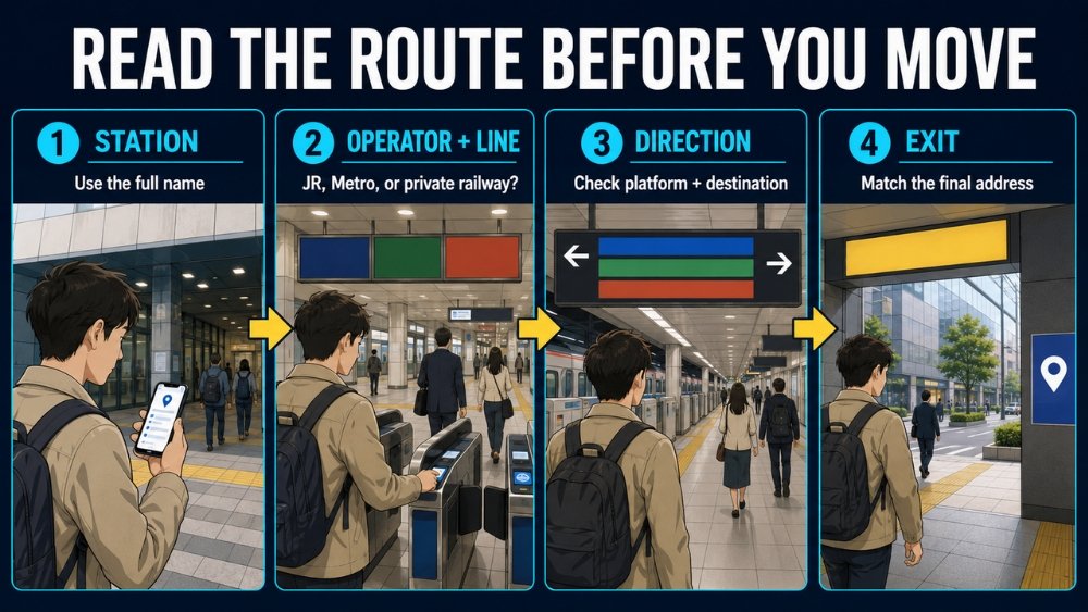 Four-step Osaka station check: full station name, operator and line, platform direction, and exit nearest the final address.