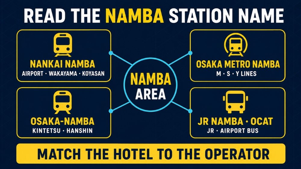 Four different Namba station names matched to Nankai, Osaka Metro, Kintetsu and Hanshin, and JR and OCAT travel roles