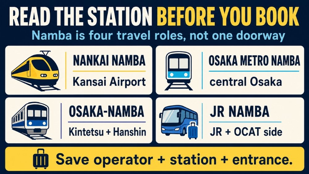 Four Namba station names matched to Kansai Airport, central Osaka, Kintetsu and Hanshin, and the JR and OCAT side | Before the food and nightlife section