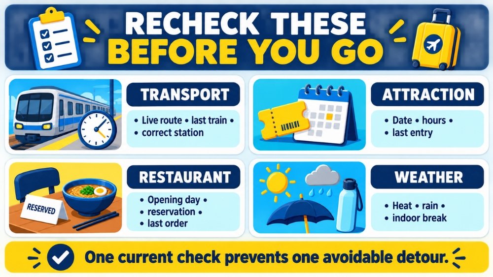 Pre-departure checklist for live transport routes, attraction hours, restaurant reservations, and weather breaks.