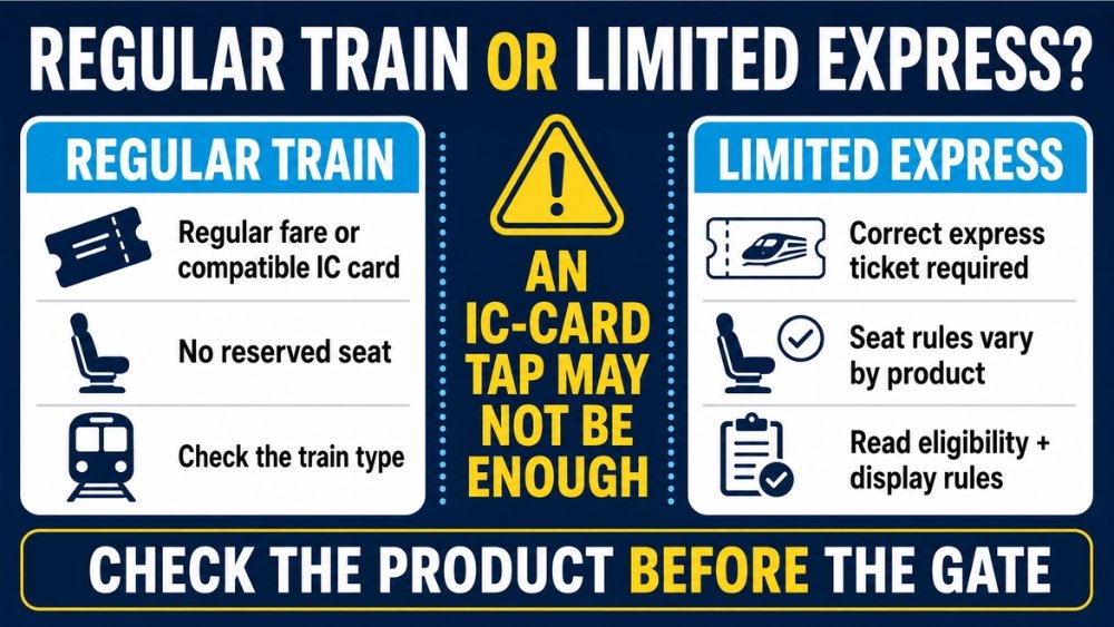 Regular-train and limited-express ticket rules with an IC-card warning