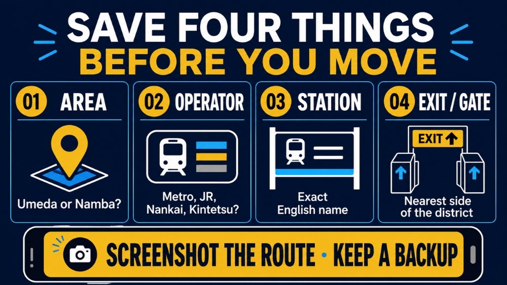 Four-step Osaka transit checklist for area, railway operator, exact station name and nearest exit or gate