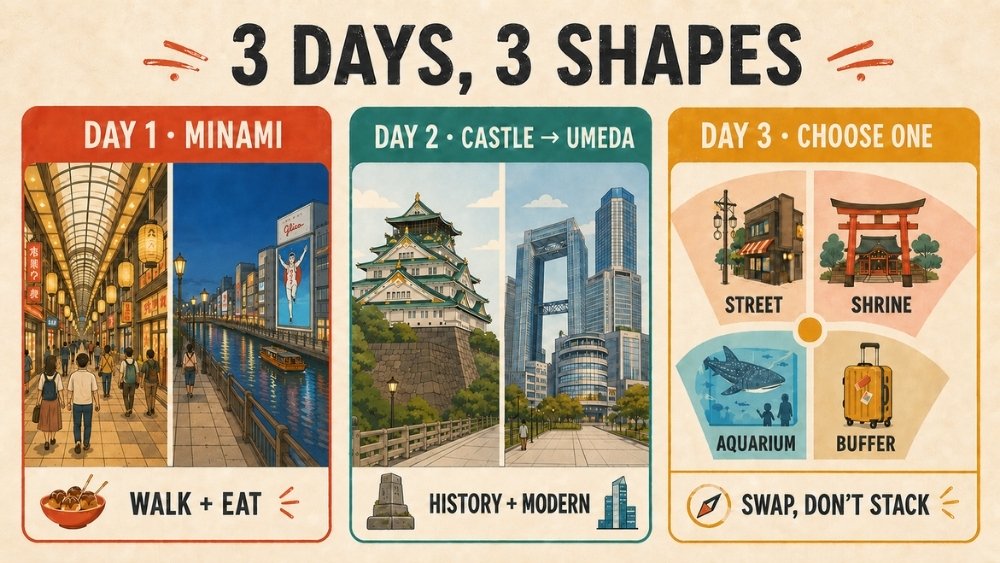 Three-day Osaka itinerary overview showing Minami on Day 1, Osaka Castle and Umeda on Day 2, and four Day 3 choices without stacking them