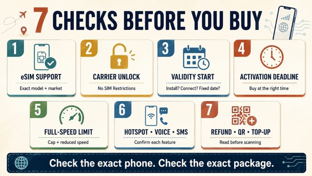 Seven-point Japan eSIM checklist covering device support, carrier unlock, validity start, activation deadline, full-speed limit, hotspot and voice features, and refund and QR-code rules.